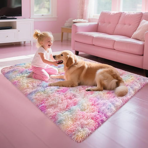 3x5 Pastel Rainbow Rug for Girls Bedroom, Fluffy Colorful Unicorn Rug for Kids - Image 2