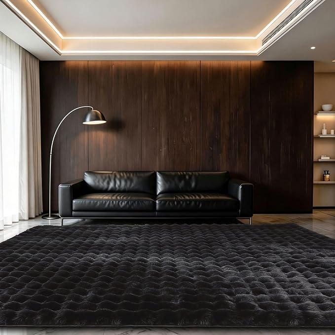 Black Rabbit Plush Rug 6'x9', Fluffy Faux Fur Shaggy Area Rug - Image 3