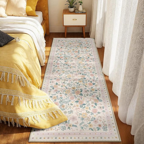 2x6 Area Rugs, Washable Floral Rug, Low Pile Non-Slip Carpet, Flower Rug by meejou