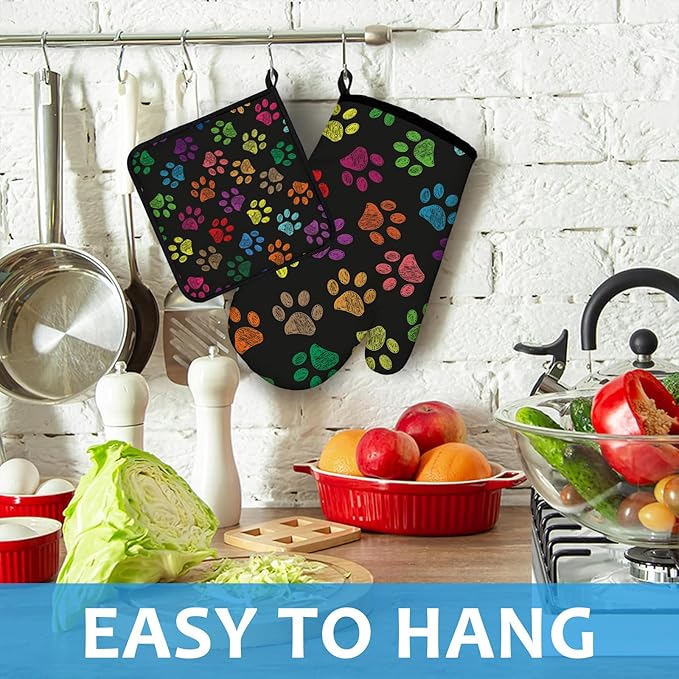 Colorful Paw Print Oven Mitts and Pot Holders Sets Heat Resistant 4Pcs - Image 4