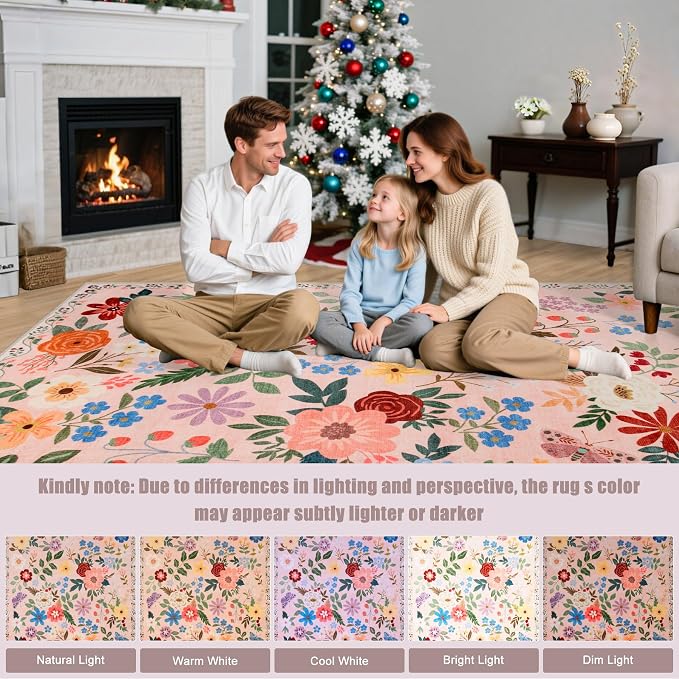 Round Area Rug for Living Room: 6 ft Floral Washable Circle Rug Soft Boho - Image 9