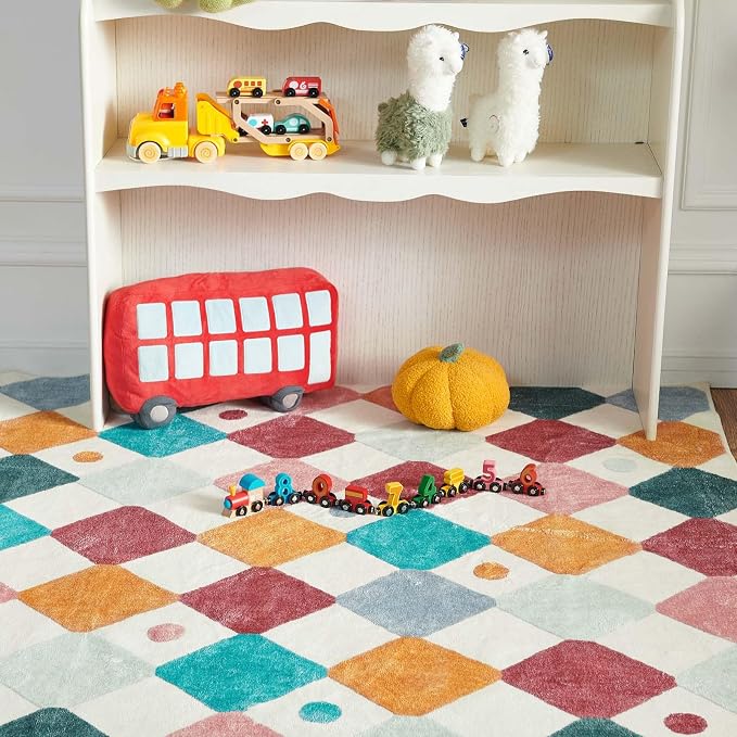 jinchan Macy 4x6 Area Rug for Kids Room Modern Colorful Checkered Diamond - Image 9