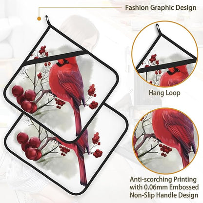 Christmas Cardinal Bird Pot Holder Set of 2, Heat Resistant Potholders Oven Hot - Image 4