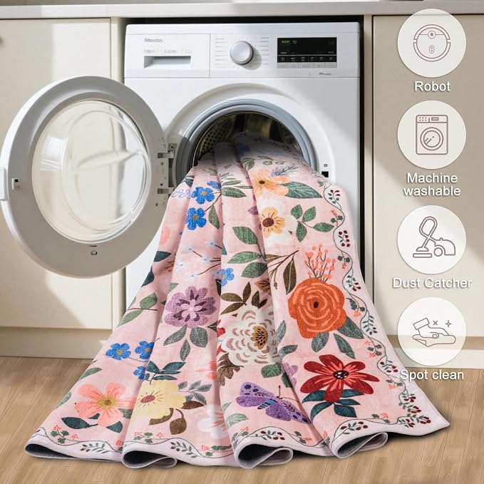 Entryway Rug 2X3 Small Rugs: Floral Washable Door Mat Vintage Soft Low Pile - Image 6