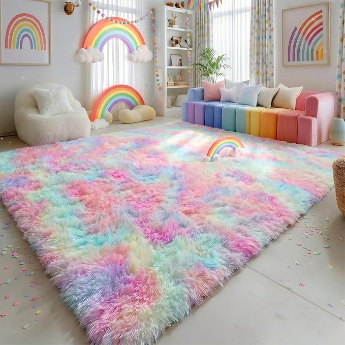 Rainbow Fluffy Kids Rugs for Girls Bedroom, Unicorn Room Decor Aesthetic by Amdrebio