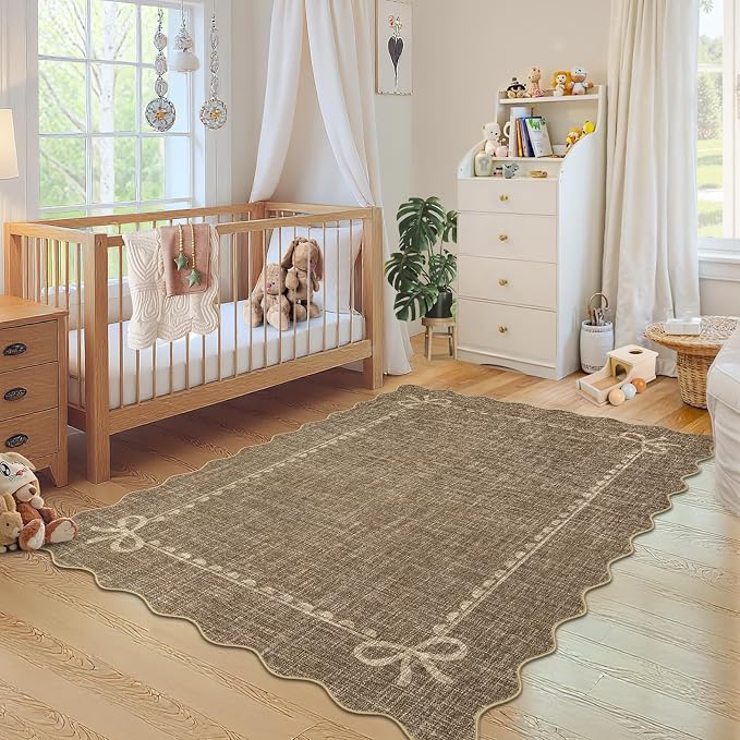 GarveeHome Scalloped Bow Rug for Living Room, Solid Brown Rug for Dorm - Image 2