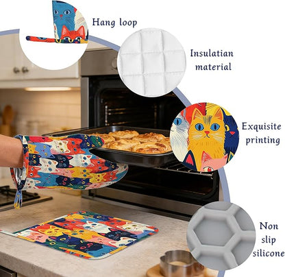Colourful Cats Oven Mitts and Pot Holders Sets of 4 Cute Animal Heat Resistant - Image 4