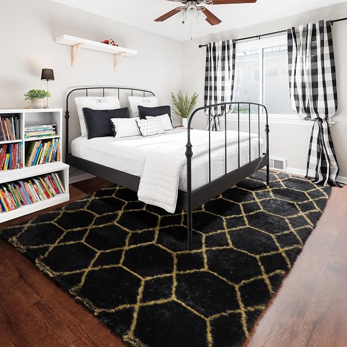 ONASAR 5x8 Rugs for Living Room Bedroom, Fluffy Black and Gold Area Rug - Image 6
