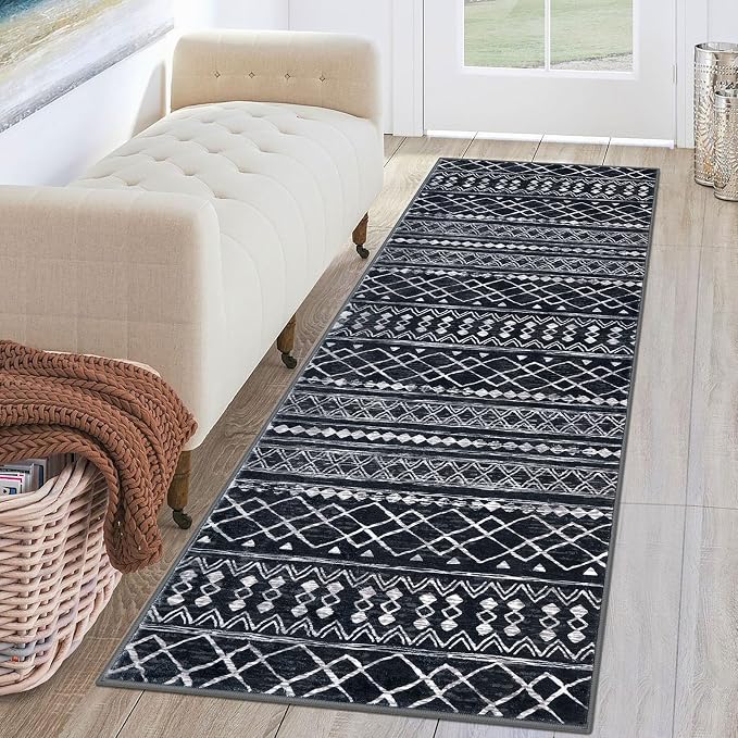 KUTA Moroccan Washable Hallway Runner Rug, 2x6 Non-Slip Vintage Black Boho Rugs by KUTA
