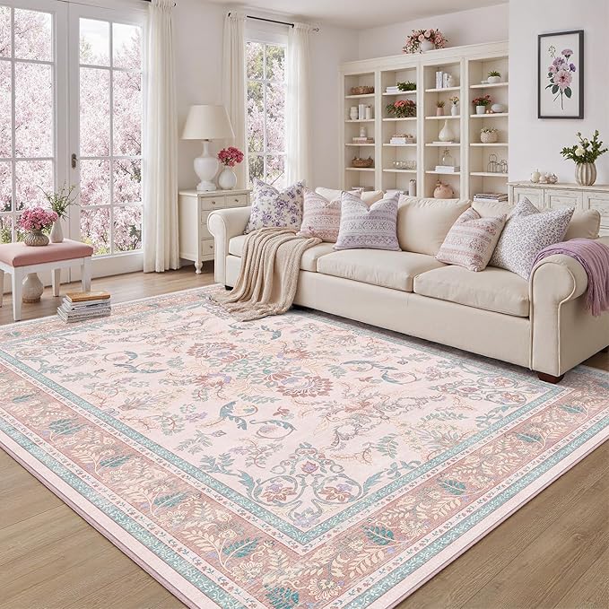 DCX 5x7 Pink Vintage Floral Rug, Machine Washable Non Slip Low Pile Carpet - Image 2