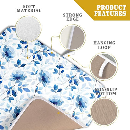 Blue Floral Dish Drying Mat 16x18 inch Flower Leaves Dish Rack Pad Microfiber - Image 4