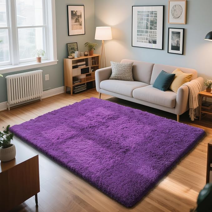 Purple Fluffy Rug Shag Area Rug, 5x8 Area Rugs - Image 2