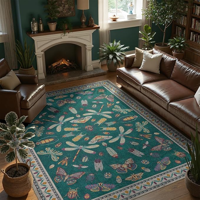 DCX 5x7 Washable Insect Rug, Vintage Gothic Deep Teal Rug by DCXWashableRug
