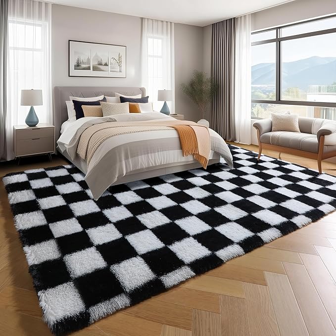 KICMOR Rugs for Living Room, 5x8 Area Rug Black and White Fluffy Shag Soft - Image 3