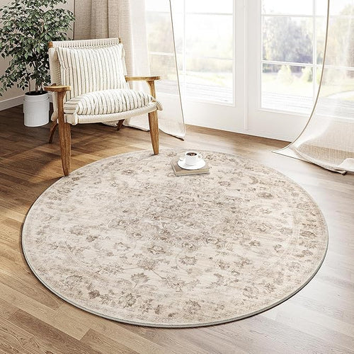 3x3 Washable Neutral Round Rug Beige Vintage Entryway Kitchen Cirlce Rug by WondRg