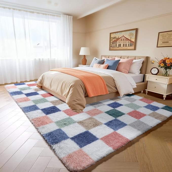KICMOR Rugs for Living Room, 5x7 Fluffy Soft Colorful Checkered Shag Area Rug - Image 3