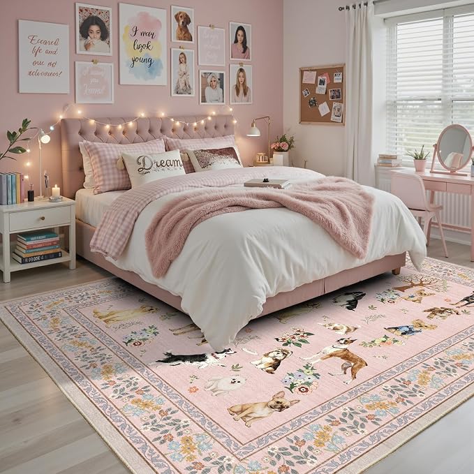 Pink Dogs Area Rugs 9x12 Living Room Washable Rug, Non Slip Floral Low Pile - Image 4