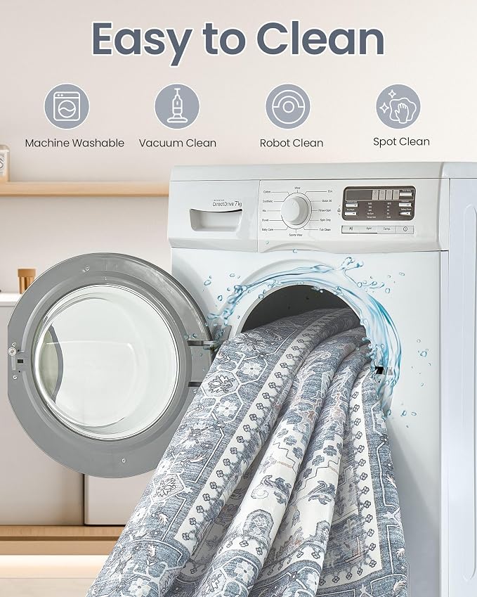 6ft Round Area Rug: Washable Vintage Neutral Soft Non Slip Thin Large Floor - Image 5