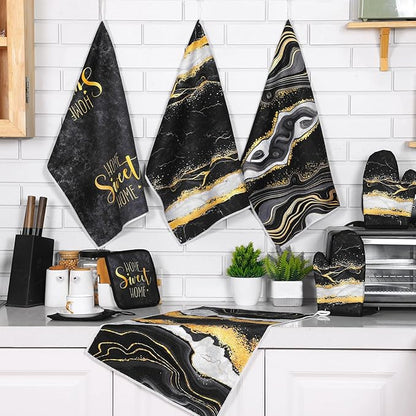 Leinuosen 8 Pcs Black Marble Kitchen Decor Dish Towels and Oven Mitts Sets Pot - Image 7