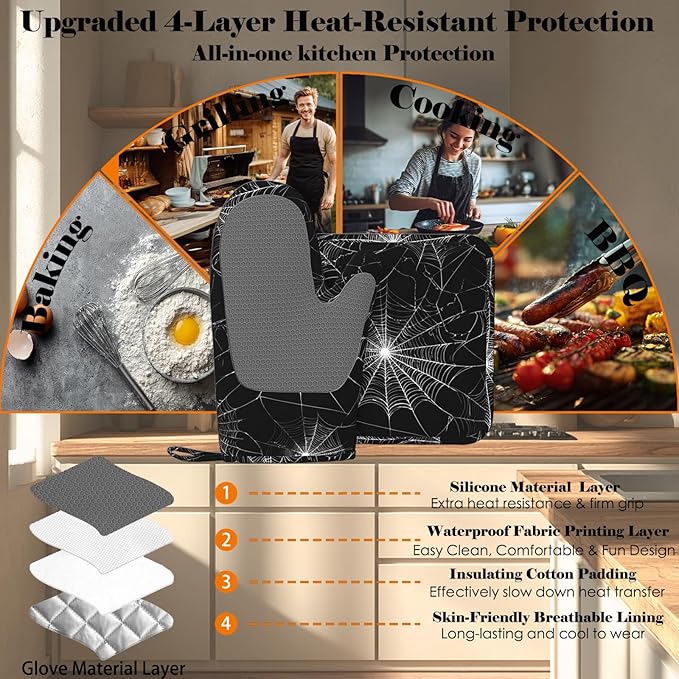 Spider Web Oven Mitts and Pot Holders Sets Silicone Kitchen Mitts Potholders - Image 4