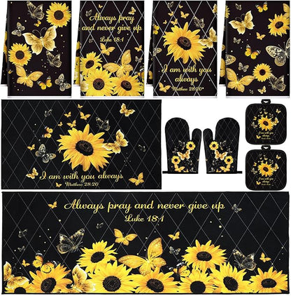 Fourluoo 10 Pcs Sunflower Butterfly Kitchen Dish Towels Rugs Oven Mitts and Pot by Fourluoo