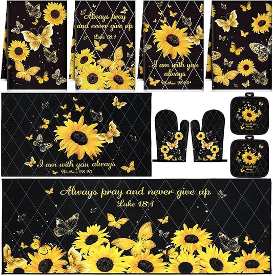 Fourluoo 10 Pcs Sunflower Butterfly Kitchen Dish Towels Rugs Oven Mitts and Pot by Fourluoo