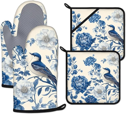 Blue Bird Blooming Flower Oven Mitts and Pot Holders Sets Heat Resistant 4Pcs by ANTJOO
