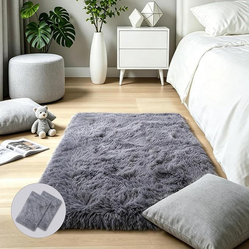 2x3 Grey Fluffy Shag Rug for Bedroom Soft Plush Fuzzy Washable Non Slip Carpet by KICHOWUA