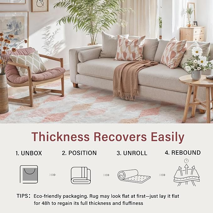 PureCozy Checkered Rug 9x12 Fluffy Shag Living Room Pink Area Rug Modern - Image 4