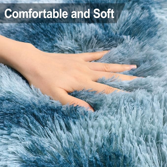 3x10ft Plush High Pile Blue Tie-Dyed Rug Fluffy Soft Runner Bedside Rug - Image 5