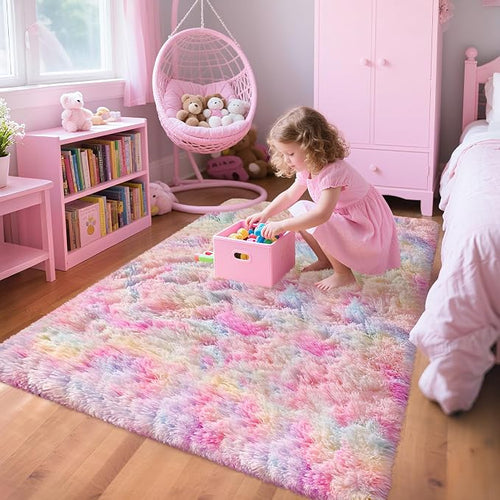 3x5 Pastel Rainbow Rug for Girls Bedroom, Fluffy Colorful Unicorn Rug for Kids by TENNOLA