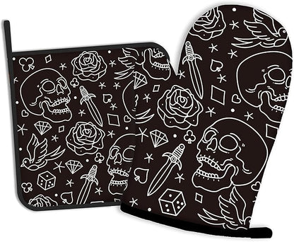 Skull Head with Rose Oven Mitts and Pot Holders Kitchen Cooking Gloves 2 Pcs by Oeaskly