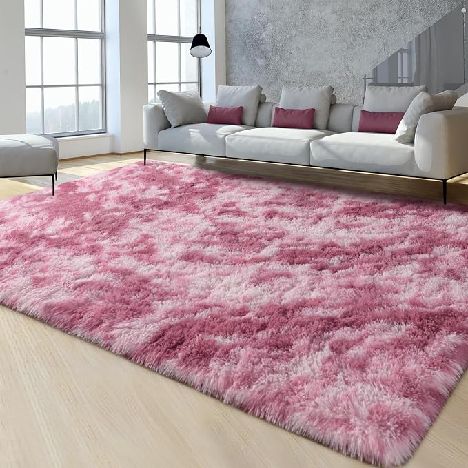 FlyDOIT Large Area Rugs for Living Room, 4x6 Feet Tie-Dyed Blush Shaggy Rug - Image 2