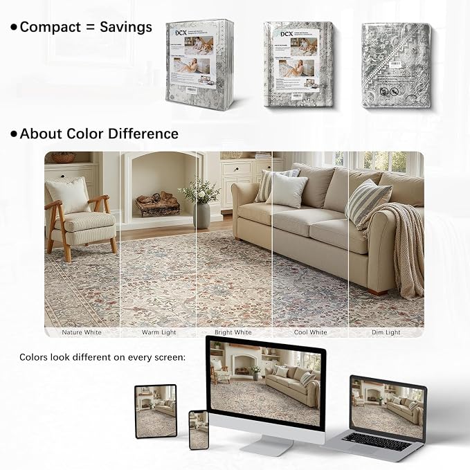 DCX Beige 6x9 Area Rug, Machine Washable Non Slip Stain Resistant Soft Vintage - Image 5