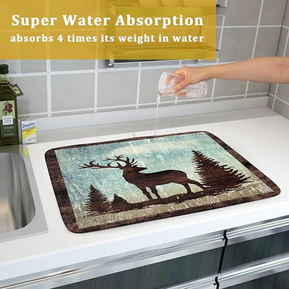 Giwawa Retro Deer Forest Cabin Silhouette Dish Drying Mat Countertop 18x24 Fall - Image 7