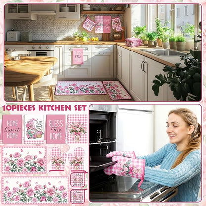 Fourluoo 10 Pcs Pink Rose Kitchen Decor Set Towels and Rugs Oven Mitts and Pot - Image 4