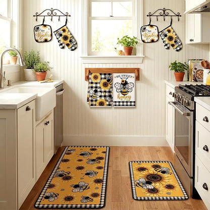 Fourluoo 10 Pcs Bee Kitchen Decor Set Kitchen Towels Rugs Oven Mitts and Pot - Image 5