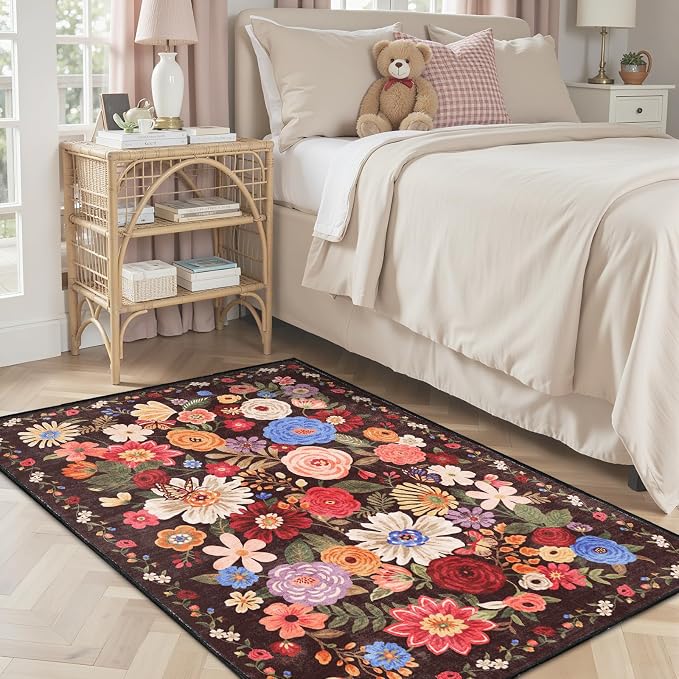 Area Rug 4x6 Espresso, Washable Boho Rugs Non Slip Low Pile Floral Small Carpet - Image 2