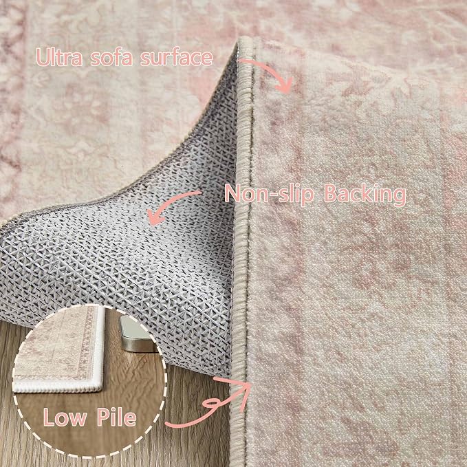 Latte&Fog Pink Rugs for Girls Bedroom, Vintage Washable 4x6 Area Rug for Living - Image 9