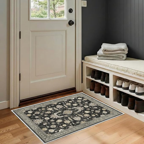 2x3 Rug for Entryway Hallway-Vintage Farmhouse Boho Floral Neutral Washable by Unknown