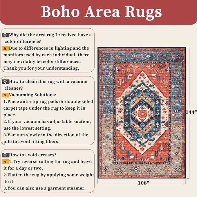 SERISSA Washable Rugs 9x12 Area Rugs, Large Non-Slip Boho Living Room Rust Rug - Image 2