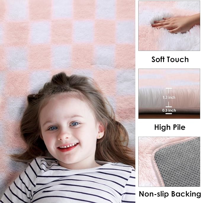KICMOR Pink Rugs for Bedroom Girls, 3x5 Small Fluffy Soft Bedside Checkered - Image 2