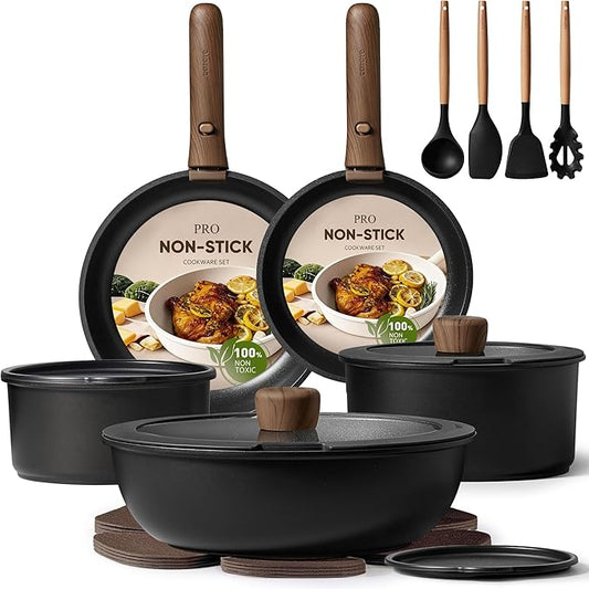 CAROTE 19pcs Pots and Pans Non Stick, Cookware Sets Detachable Handle, by CAROTE