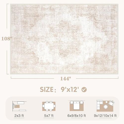 Area Rug 9x12 Vintage Rugs: Large Washable Living Room Rug Retro Medallion - Image 2