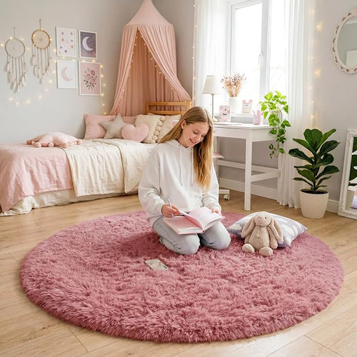 Amdrebio Blush Fluffy Round Rug 4Ft - Image 2