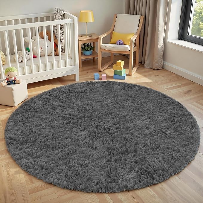 Dark Gray Round Fluffy Rug 6ft Plush Fuzzy Shaggy Carpet, Soft Rugs - Image 9