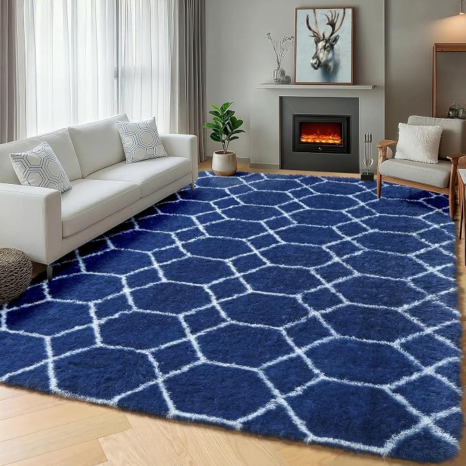 ONASAR Geometric Area Rugs 5x8 for Living Room, Fluffy Moroccan Navy and White by ONASAR