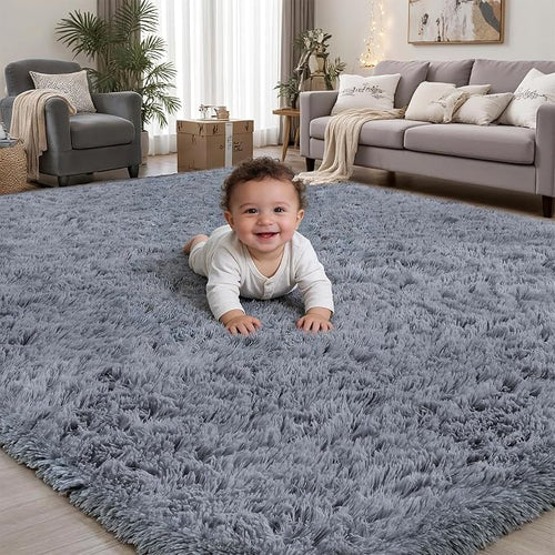 Area Rug for Living Room Bedroom: 9x12 Grey Soft Fluffy Shag Upgrade Non-Slip by PLHXFRSoftAreaRugs
