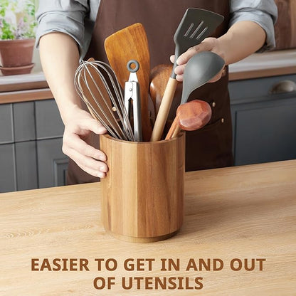Bivvclaz Acacia Wood Utensil Holder, 360°Rotating 7.2" Utensil Holder - Image 5
