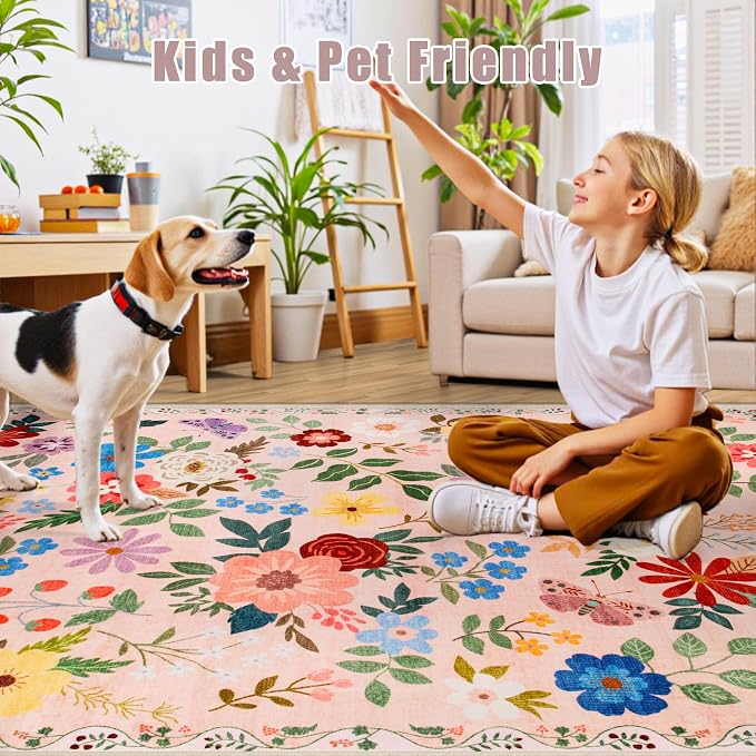 Area Rugs 9x12 Living Room: Floral Washable Rug Vintage Large Soft Boho - Image 7
